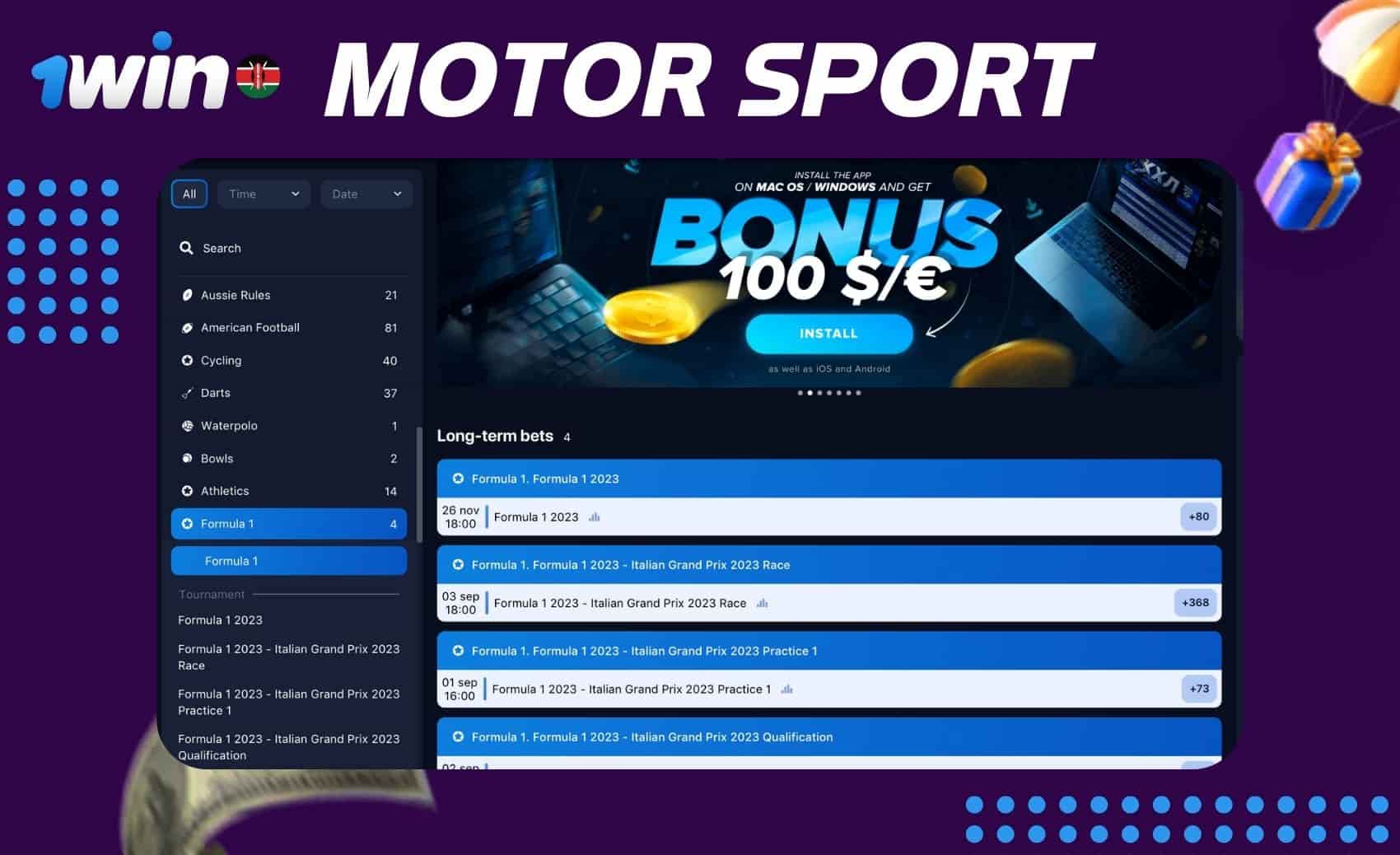 Motor sport betting at 1win Kenya sportsbook