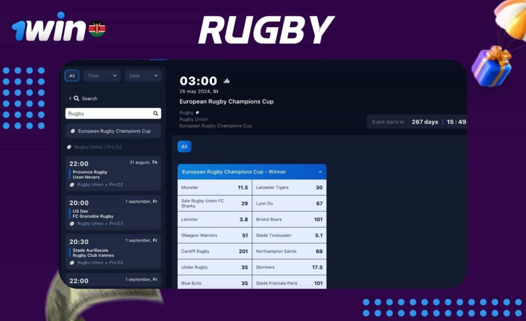 Bet on rugby events at 1win Kenya sportsbook