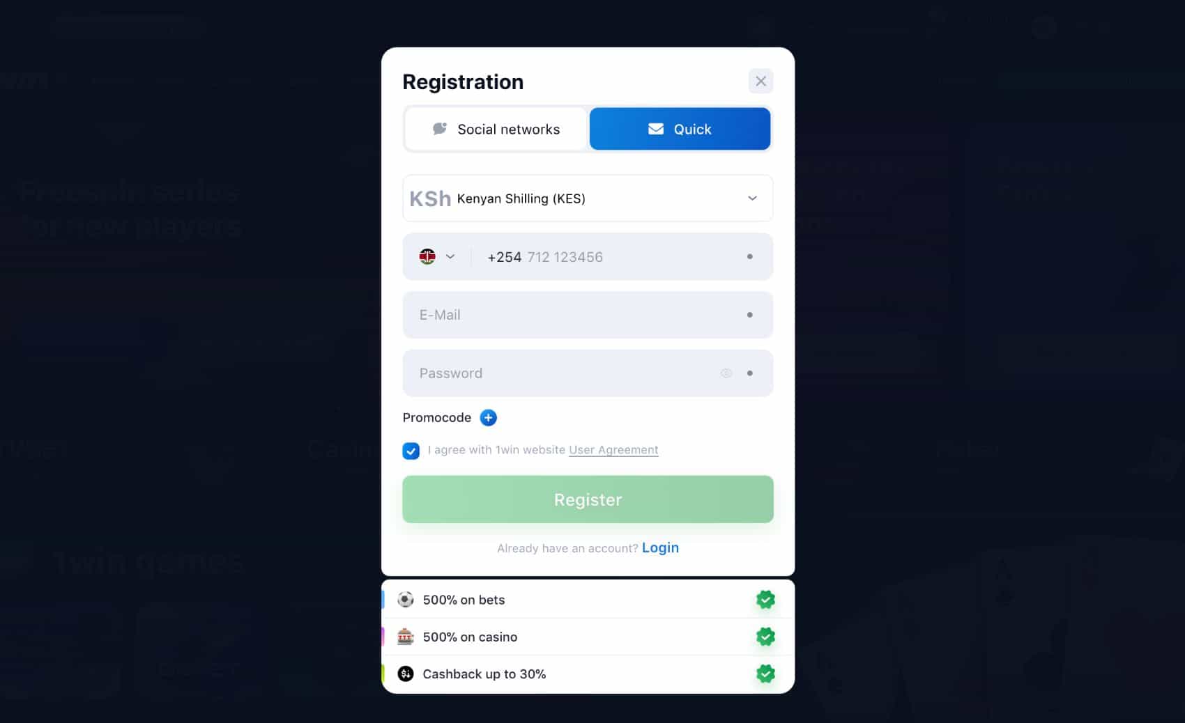 1win Kenya registration form